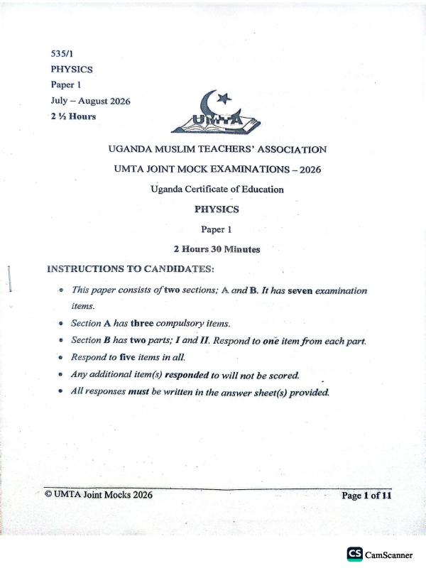 UCE UMTA Physics Past Paper 2026