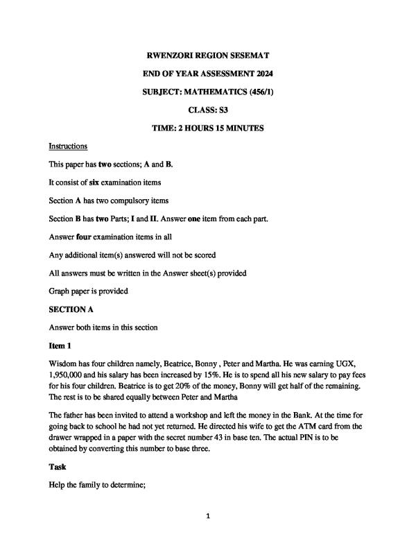 Rwenzori Region Joint Assessment Mathematics Paper 1 2024