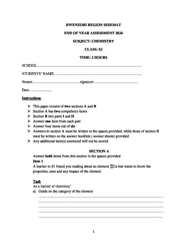 Senior Two Chemistry Paper 2024 - Rwenzori Regional SESSEMAT Examination