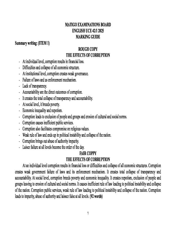 Matigo Mock Examinations English Language Scoring Guide