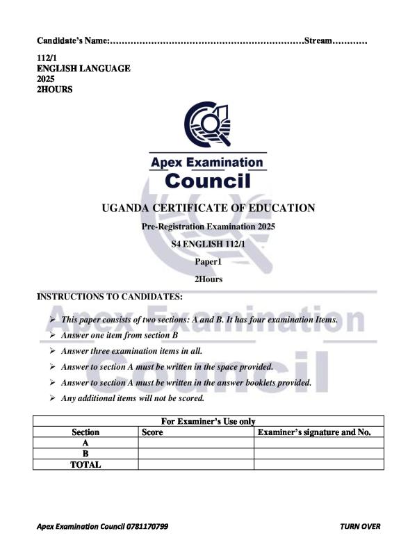 English Apex Mock Examination Past Paper2025