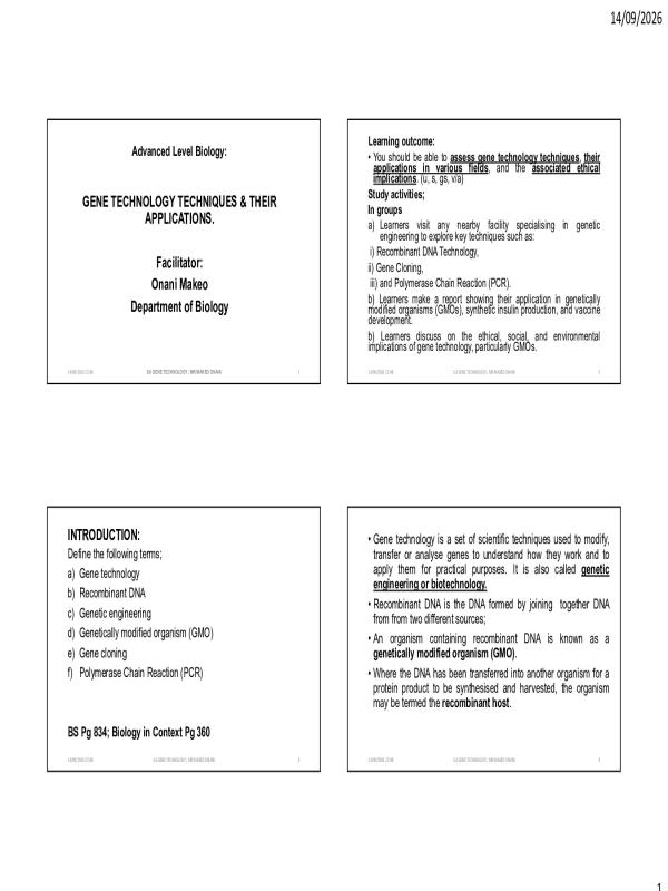 Senior Six Biology: Gene Technologies Revision Notes - UNEB A-Level