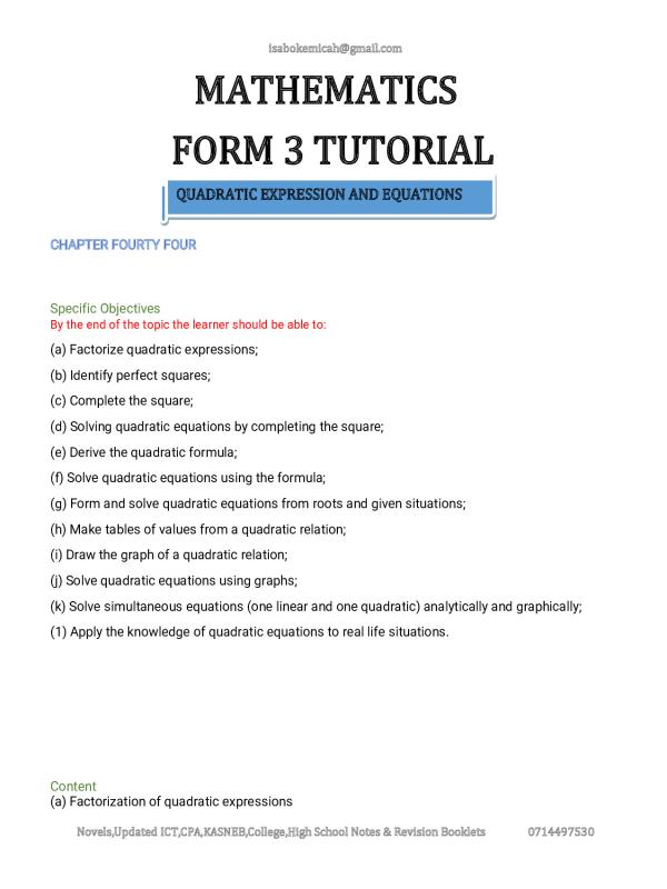 Senior 3 Mathematics Notes - UNEB O-Level Study Resource