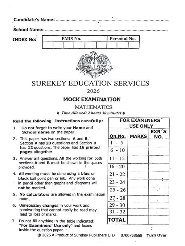 Sure Key Mathematics (MTC) Mock Examinations 2026