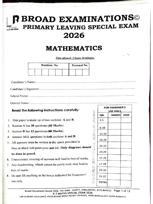 O-Level Mathematics Special Mock Examination 2026 - Broadway