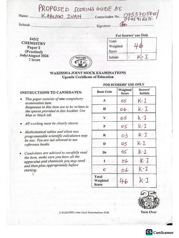 UCE Chemistry Paper 2 Scoring Guide for 2026 Exams - Uganda