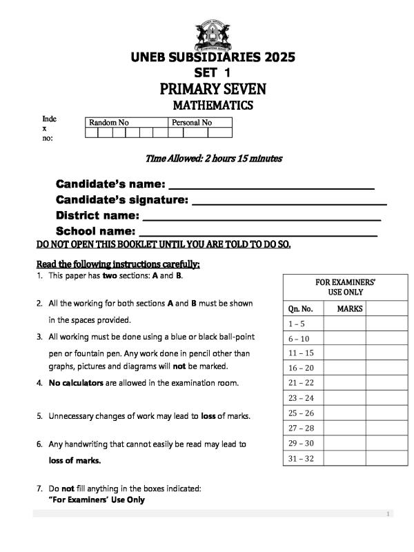 Moderated Mathematics (MTC) Revision Paper Set 1
