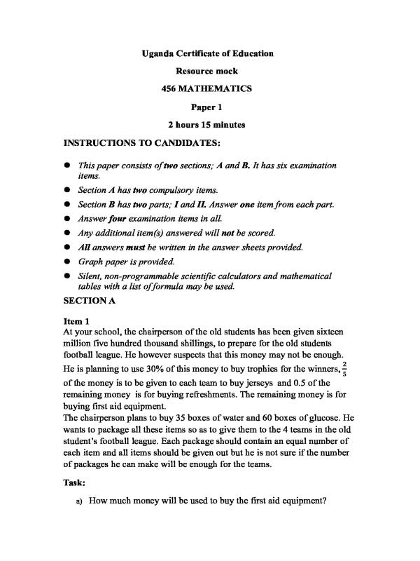 Senior 4 (S4) Mathematics Mock Examination Resource 2026 | UNEB Revision