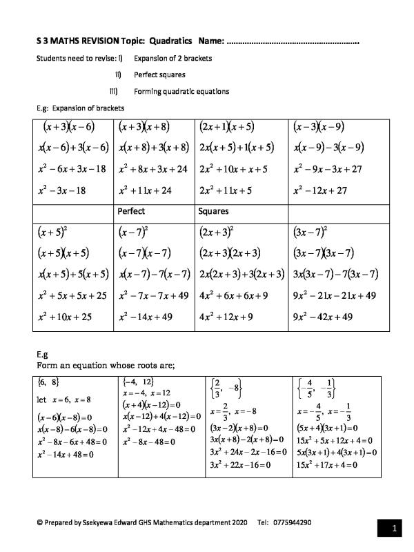 S.3 Mathematics Quadratic Equations Revision Notes