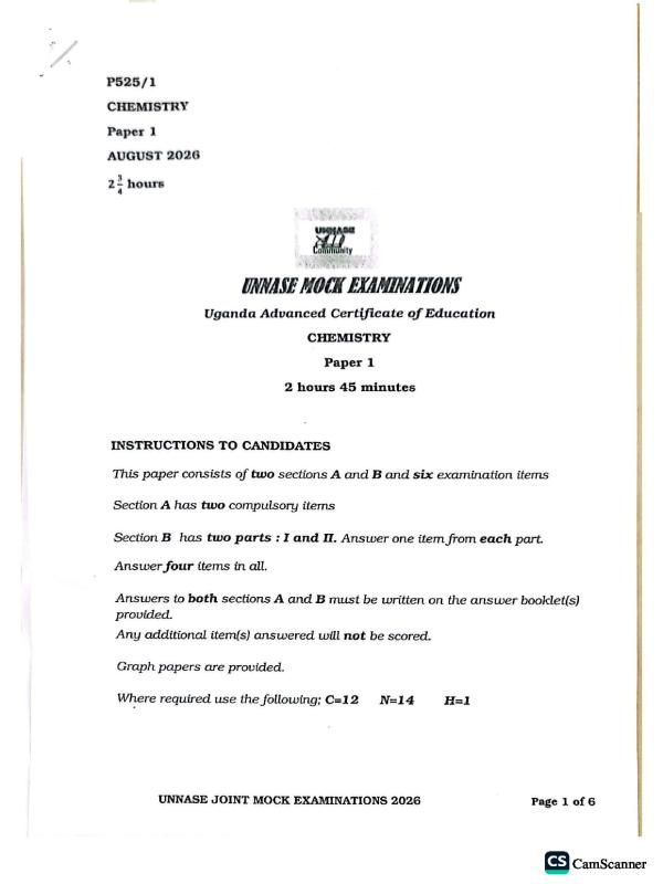 A- LEVEL Chemistry UNNASE MOCK PAPER ONE