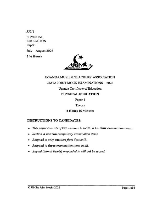 UMTA Joint Mock 2026 UCE Physical Education Examination Paper