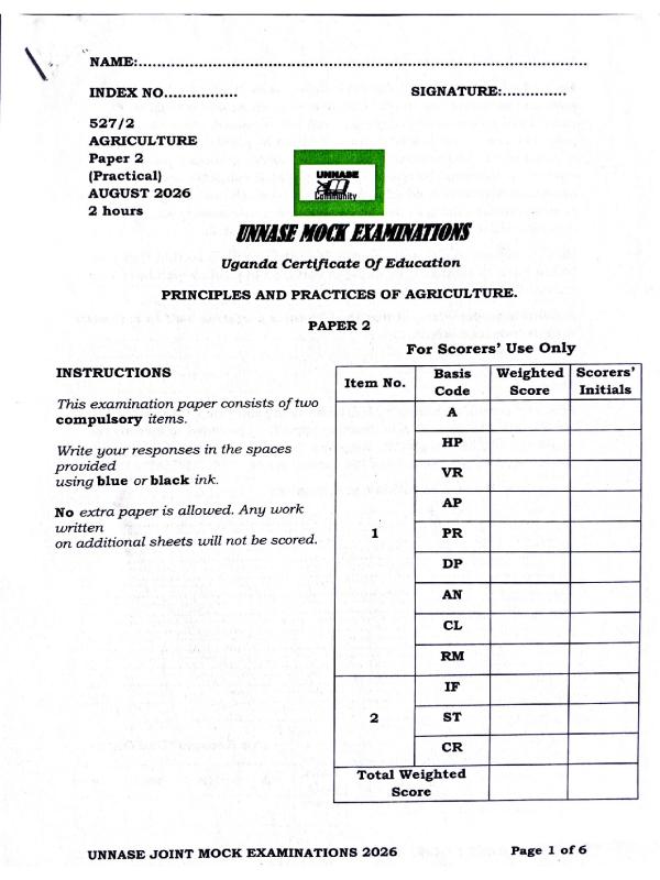 UNNASE Agriculture Paper 2 Mock Exam 2026