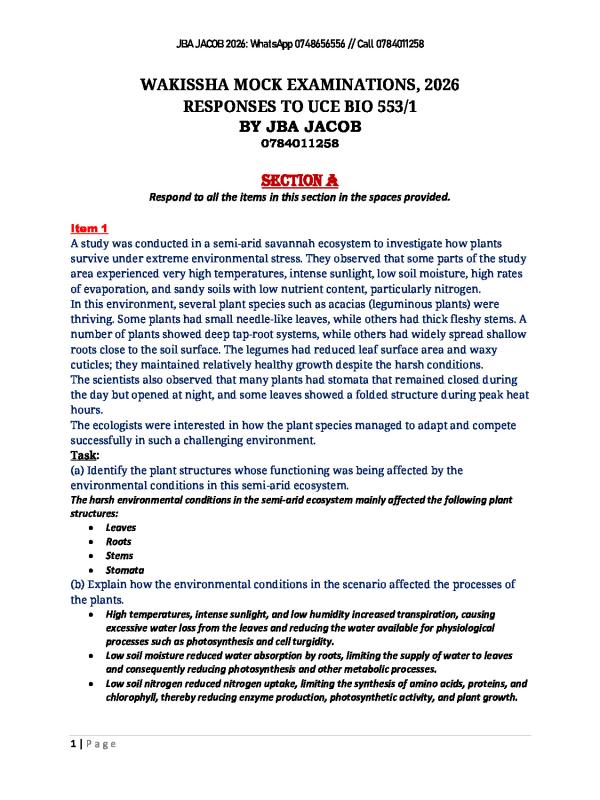 UCE Biology Paper 1 WAKISSHA Joint Mock 2026 Solutions & Answers