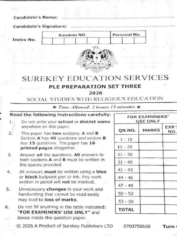 P.7 Social studies  Pre PLE set Three 2026 Sure key examinations board