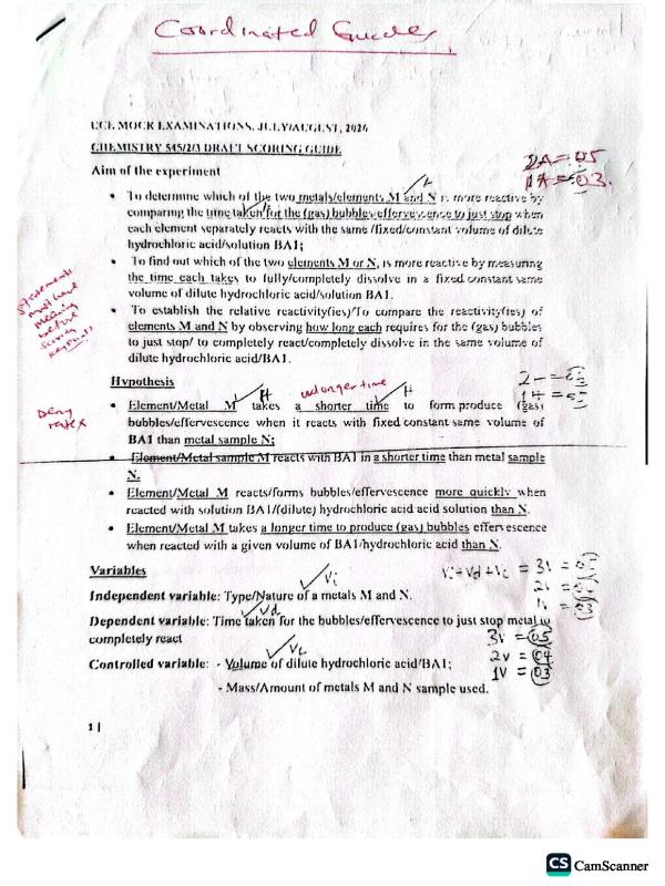 LUSSD Mock O-Level Chemistry Paper 1 and Paper 2 Scoring Guide 2026