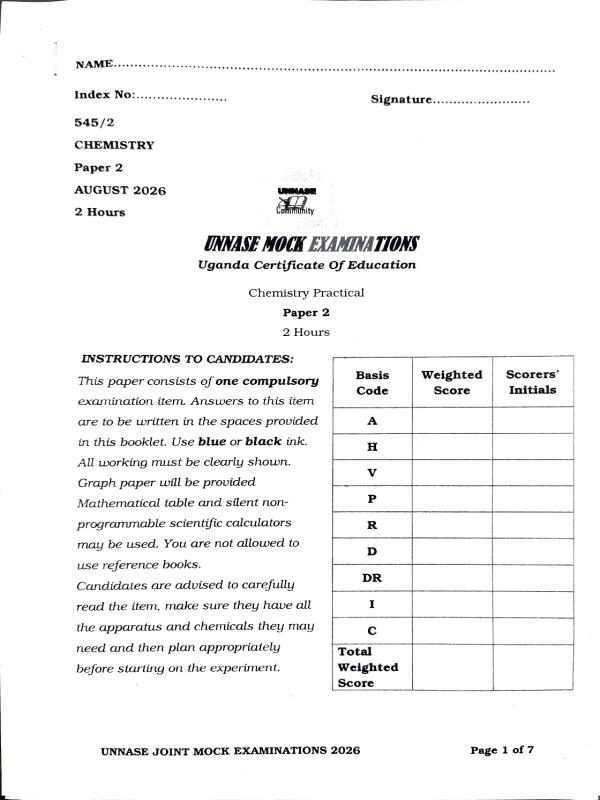 UCE Chemistry Paper 2 2026 - UNNASE Joint Mock Exam