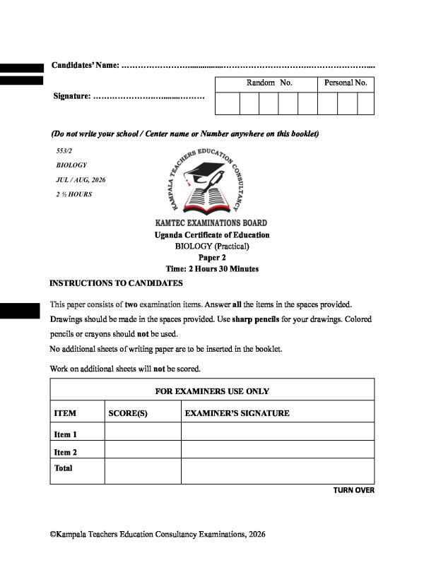 KAMTEC UCE Biology Paper 2 2026 Practice Exam