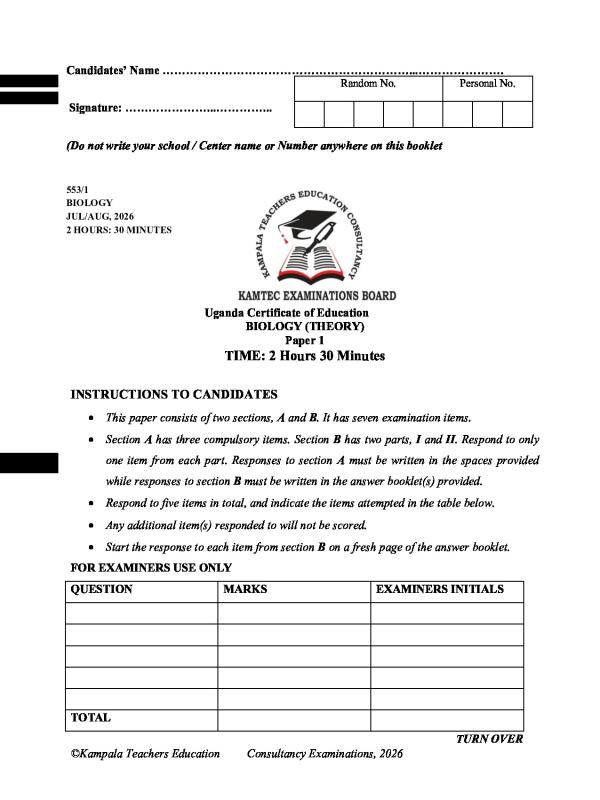 KAMTEC UCE Biology Paper 1 2026 Practice Resource