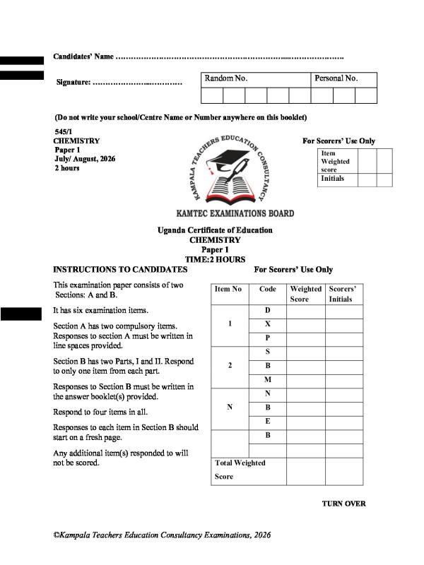 KAMTEC UCE Chemistry Paper 1 (2026) Revision Resource