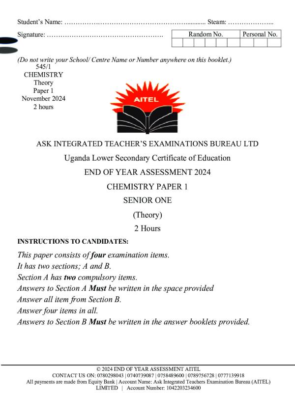 S.1 Chemistry AITEL Assessment Paper 1