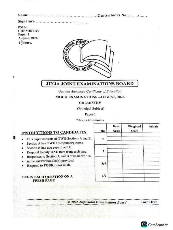 JJEB UACE Chemistry Mock Exam Papers 2026