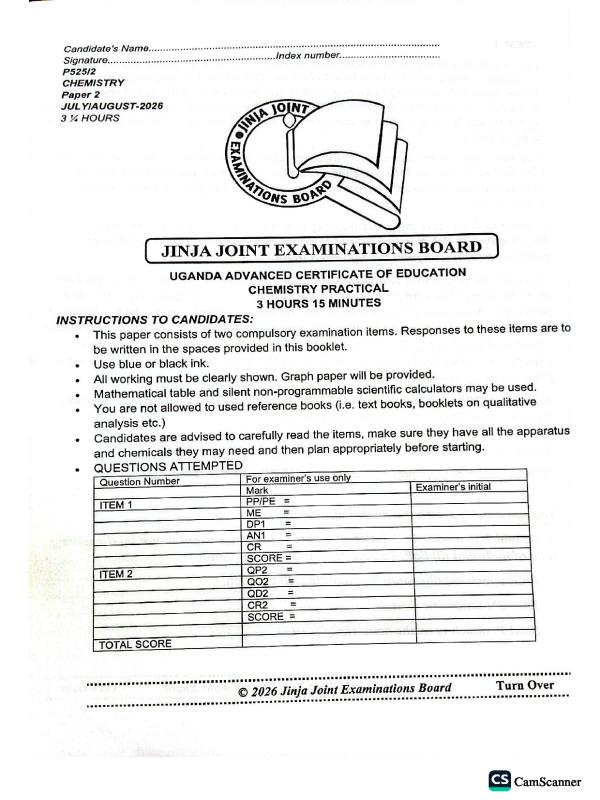 UACE Chemistry Paper 2 (P525/2) Practical Mock Exam 2026 - JJEB