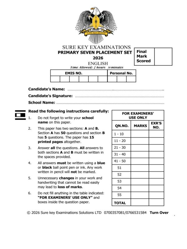 Primary Seven (P7) English Placement Exam Set 2026 - Sure Key Examinations