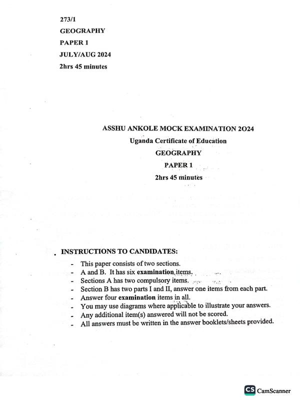 ASSHU Ankole Joint Mock UCE Geography Past Paper 2024