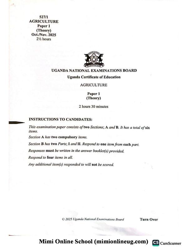 UNEB UCE Agriculture Paper 1 Past Paper - Uganda Certificate of Education