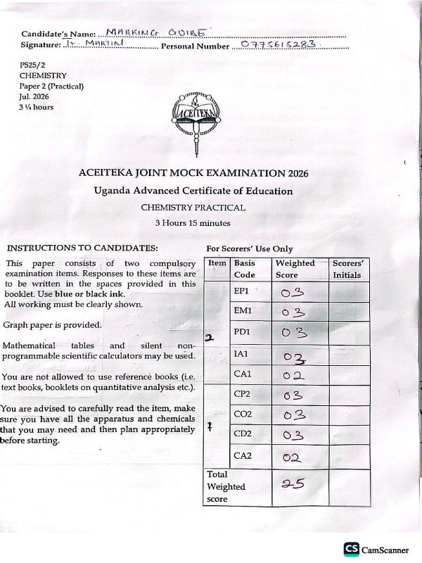 UACE Chemistry Paper 2 Scoring guide Past Paper - Uganda National Examinations Board (UNEB)