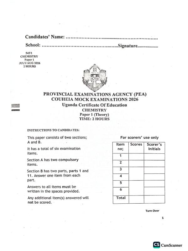 UNEB UCE Chemistry Paper 1 Mock Examination 2026 - Provincial Examinations Agency Couheia