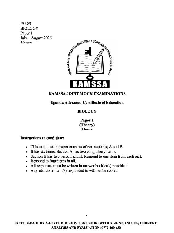 KAMSSA S.6 Biology Paper 1 Mock Exam Marking Guide