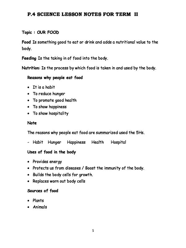 Primary four (P 4) Science Lesson Notes for Term II