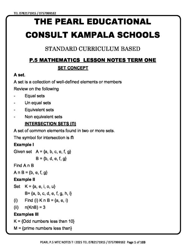 Primary 5 (P.5) Mathematics Lesson Notes Term 1 - Pearl Education Consult