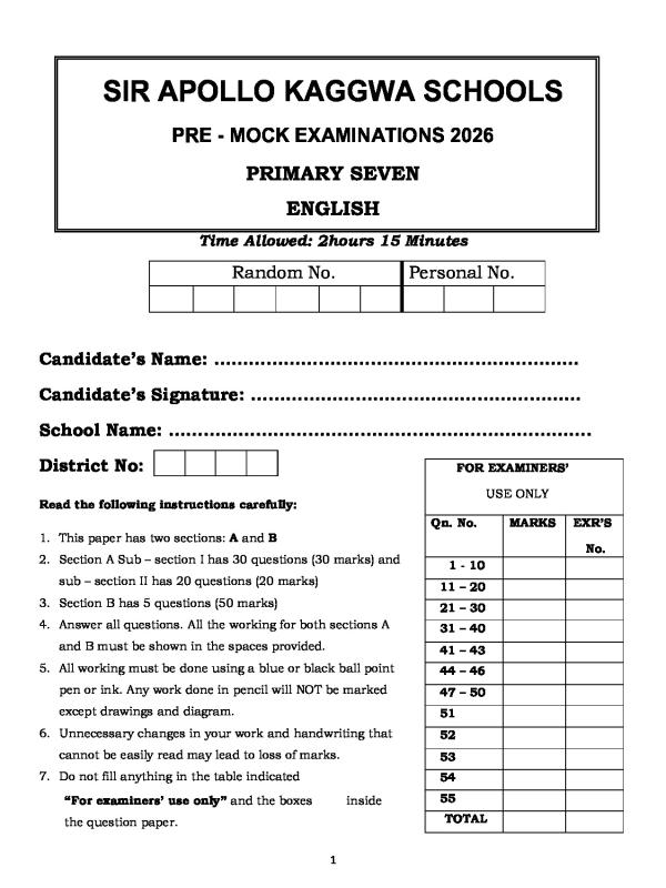 P.7 English Pre-Mock Examination 2026 - Sir Apollo Kaggwa Schools