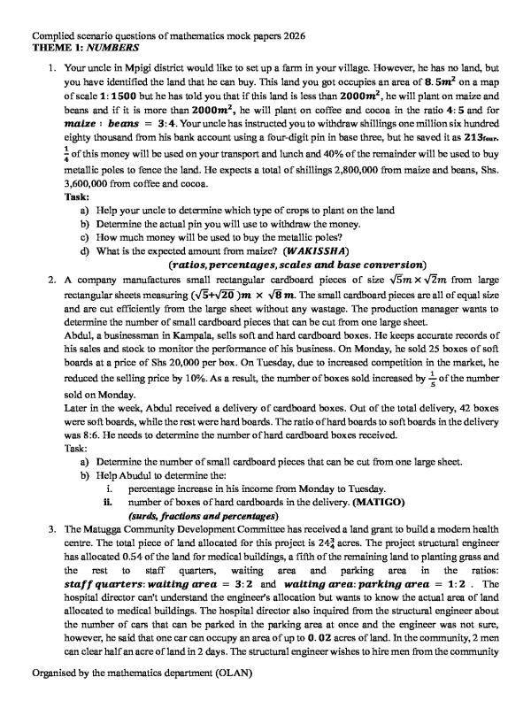 S.4 Mathematics Compiled Mock Scenario Questions 2026