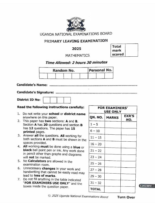 P.7 Mathematics UNEB PLE 2025 Revision Paper