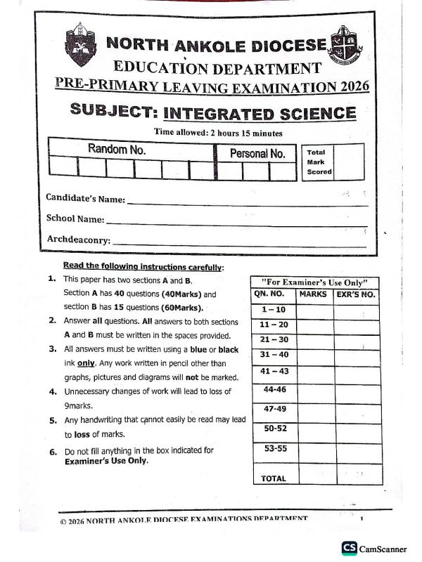 P.7 Integrated Science Pre PLE 2026 North Ankole Diocese