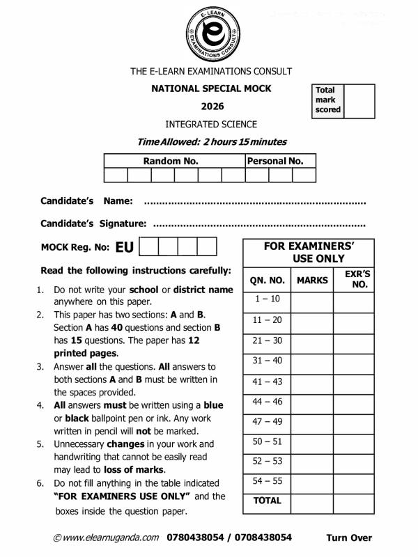 P.7 Science special mock examination 2026 e learn examination consult