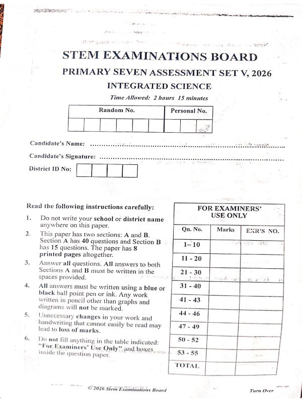 P.7 Science assessment set 5 2026 Stem examination board