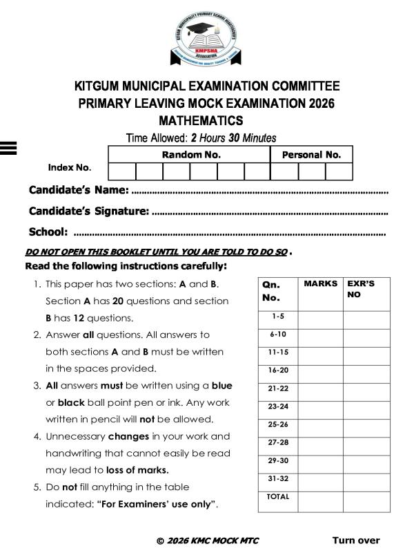 P.7 Mathematics Mock Examination 2026 Kitgum Examination Committee
