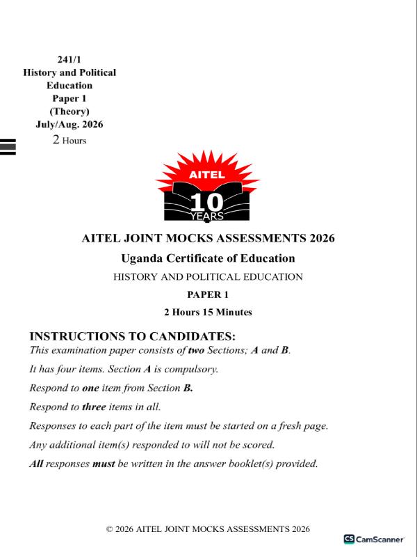UNEB UCE Aitel Mock 2026 - History and Political Education Paper