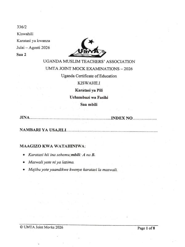 UMTA Kiswahili Past Paper 2 UCE 2026 - Uganda National Examinations Board