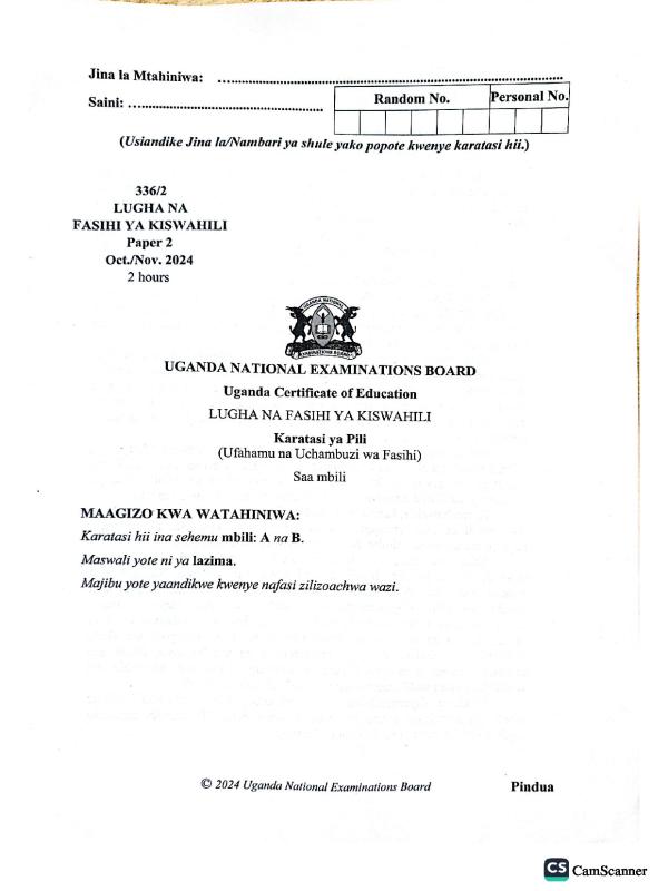 UCE Kiswahili Paper 2 Past Paper 2024 - Uganda National Examinations Board (UNEB)