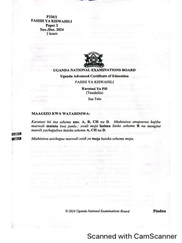 UNEB UACE Kiswahili Paper 3 2024