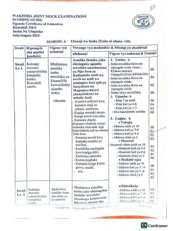 Wakissha Paper 1 Guide UCE Kiswahili