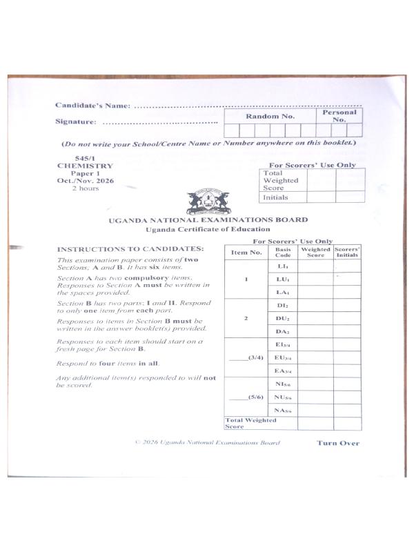 UCE Chemistry Paper One 2026
